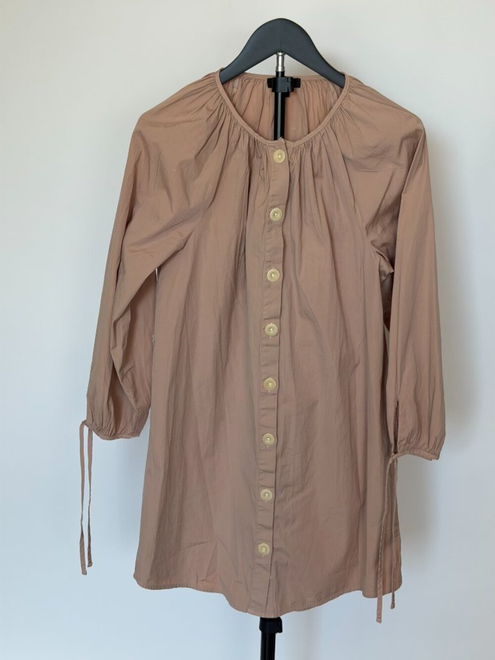 Taupe Button Front Blouse Balloon Sleeve Drawstring